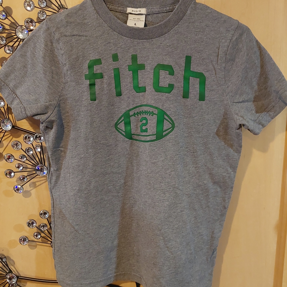 Abercrombie & Fitch Grey Tee with Green 'fitch' and Football Graphic